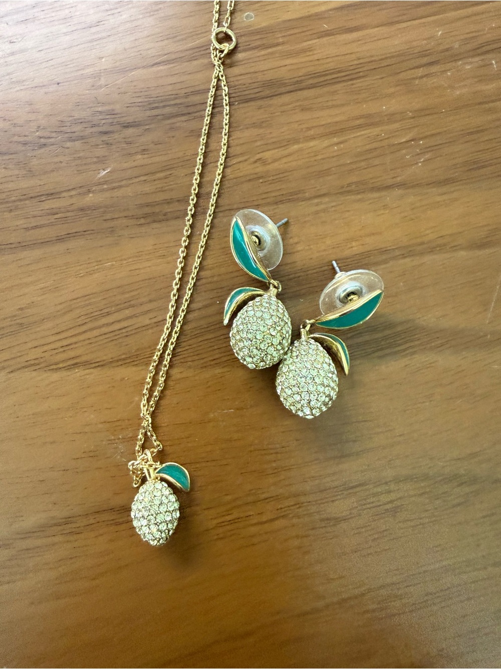 kate spade Gold and Teal Pineapple Pendant Necklace with Matching Earrings